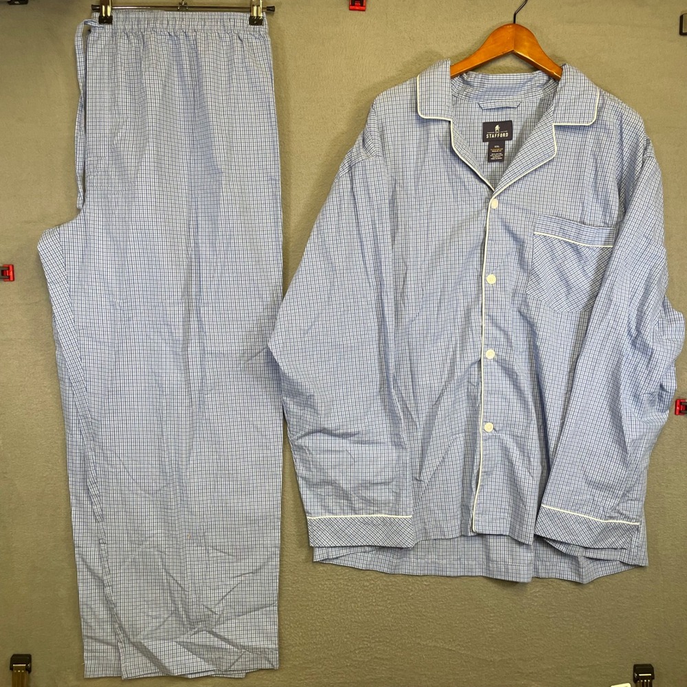 Stafford Pajama Set Mens XXL Blue Gingham Cotton Blend 2 Piece Sleepwear